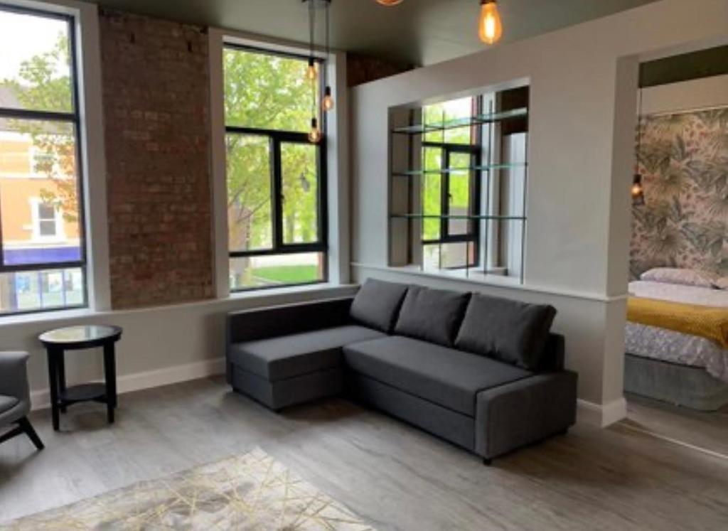 邓多克Clanbrassill loft的带沙发的客厅和部分窗户。