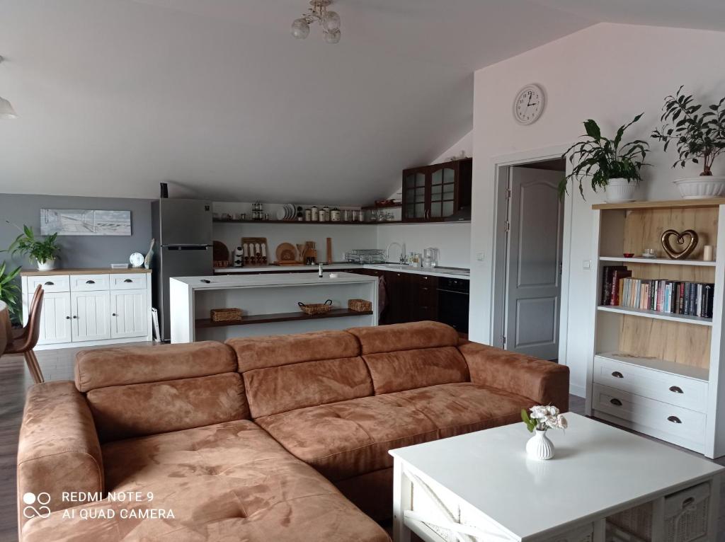 斯利文Уютна къща的一间带棕色沙发的客厅和一间厨房