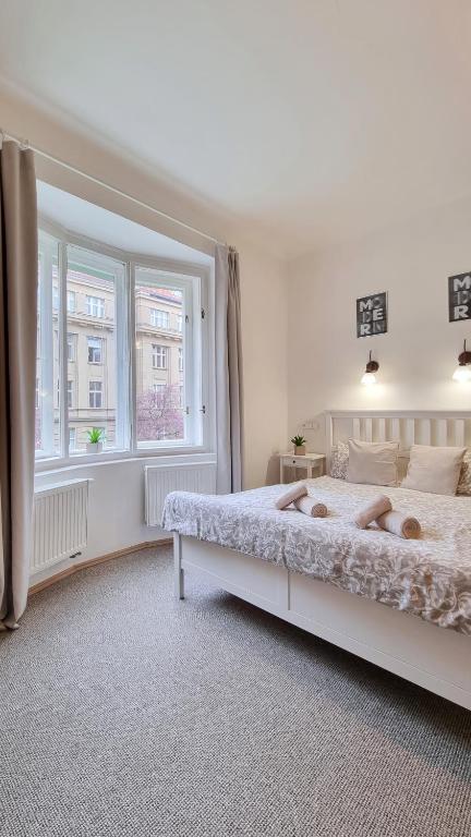 布拉格Finnem Rentals Zíkova的白色的卧室设有一张大床和一个窗户