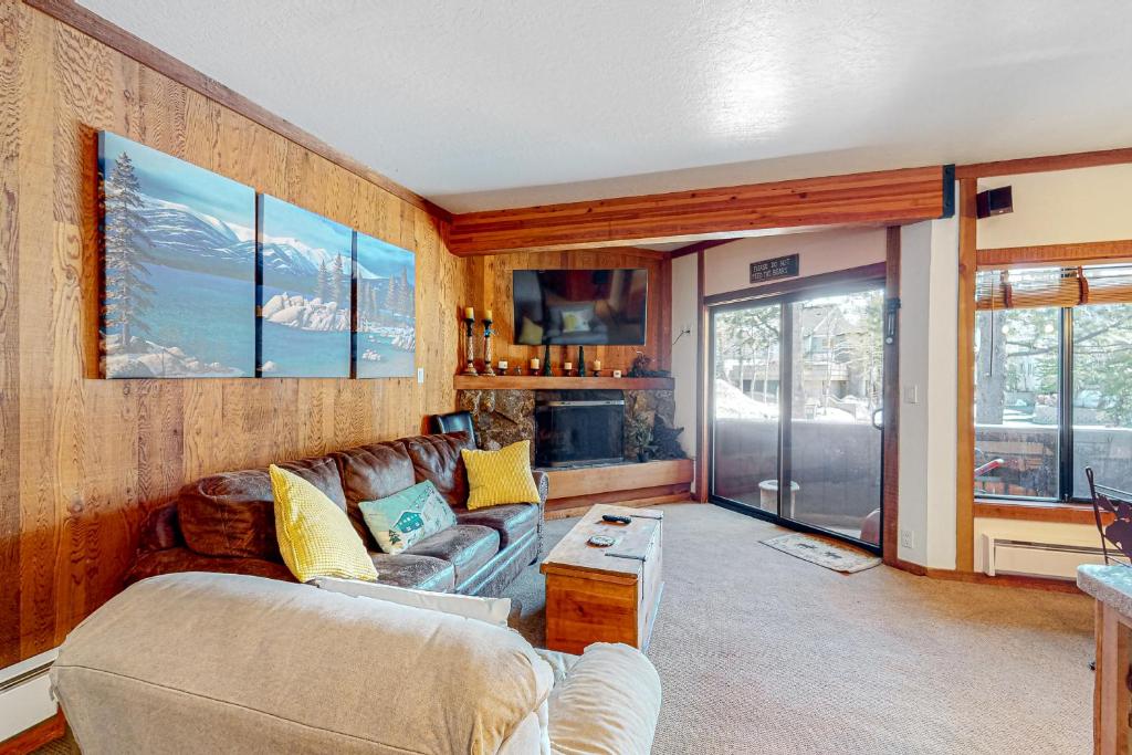 奥林匹克谷Mountain Time Escape的带沙发和壁炉的客厅
