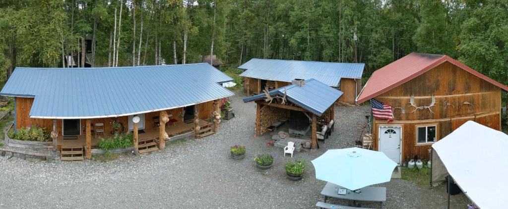 塔尔基特纳talkeetna villas and tours的享有蓝色屋顶房屋的顶部景色