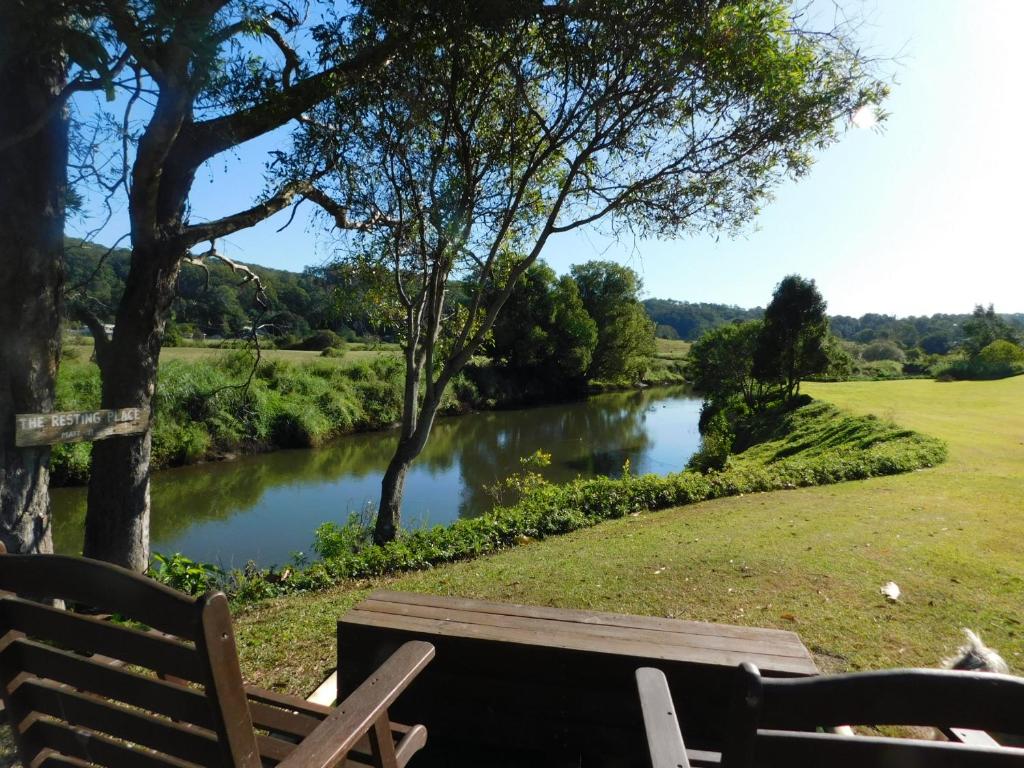 楠伯Riverbend Cottage Cabin - Little Heaven的木凳,坐在河边