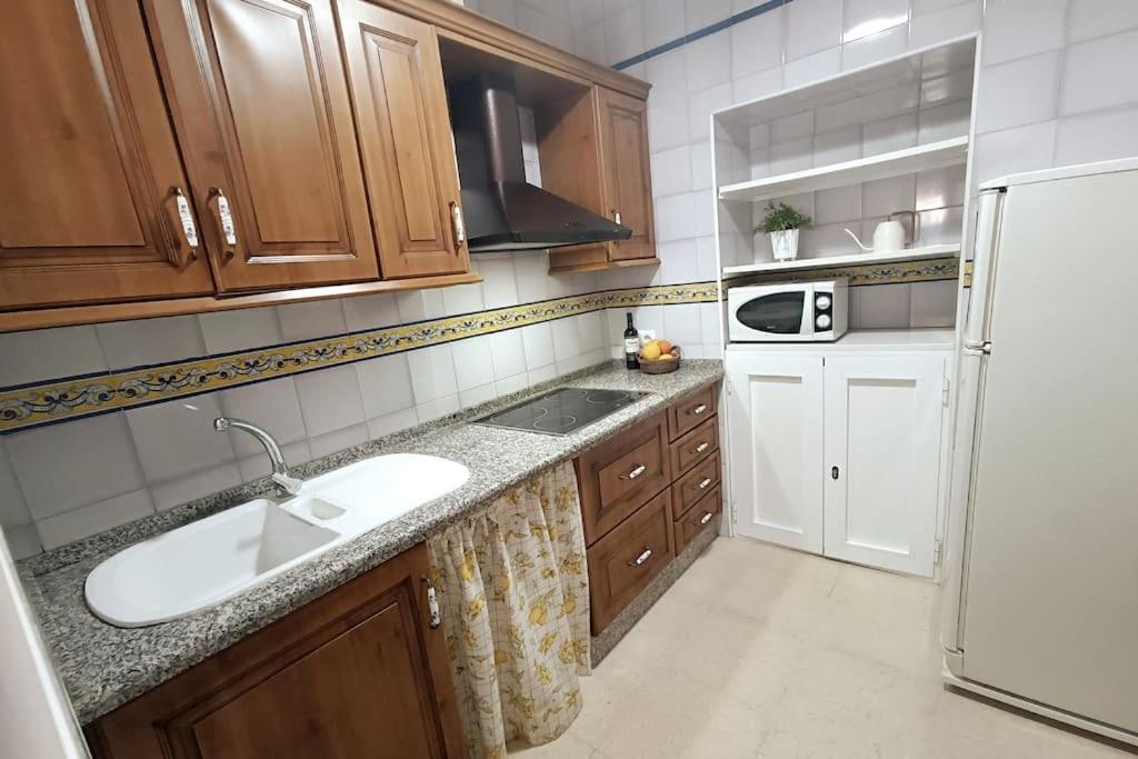 塞维利亚Típico y pintoresco patio de vecinos, con encanto的厨房配有水槽和白色冰箱