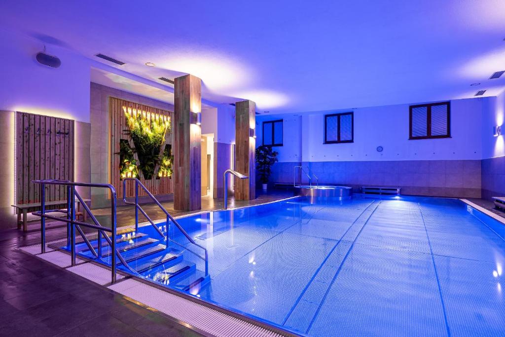 上洛姆纳Wellness Hotel pod Kyčmolem的一座拥有蓝色灯光的大型游泳池