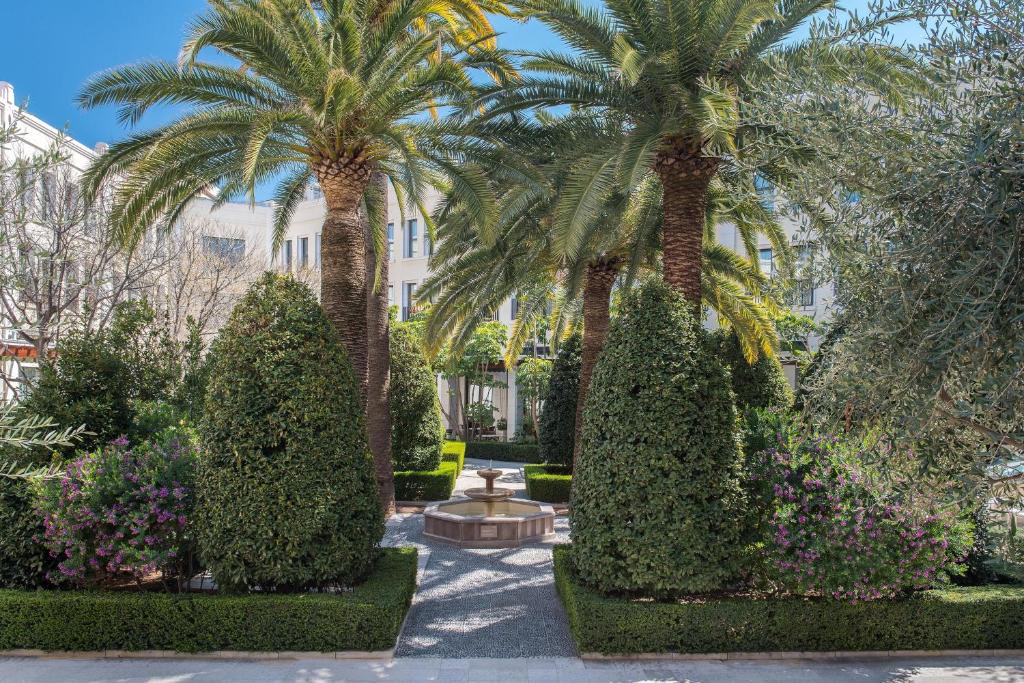 瓦伦西亚瓦伦西亚威斯丁酒店的一座花园,在一座建筑前种有棕榈树和鲜花
