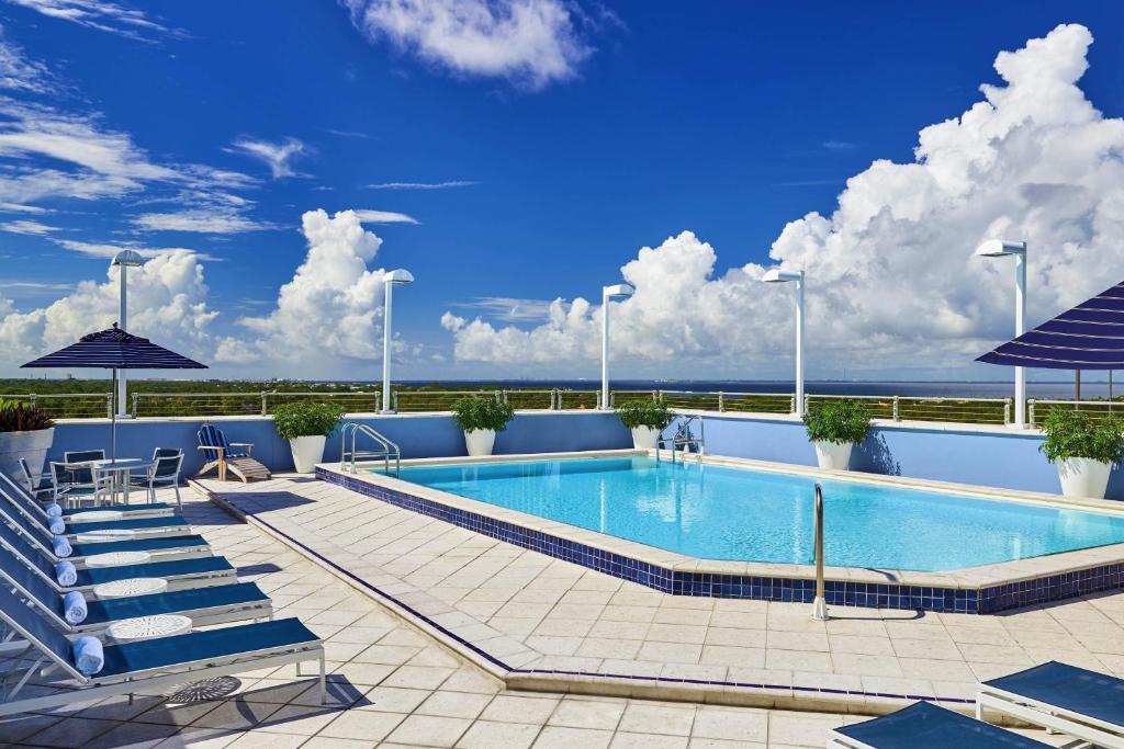 坦帕坦帕西海岸翠贡精选酒店的屋顶游泳池,配有椅子和遮阳伞