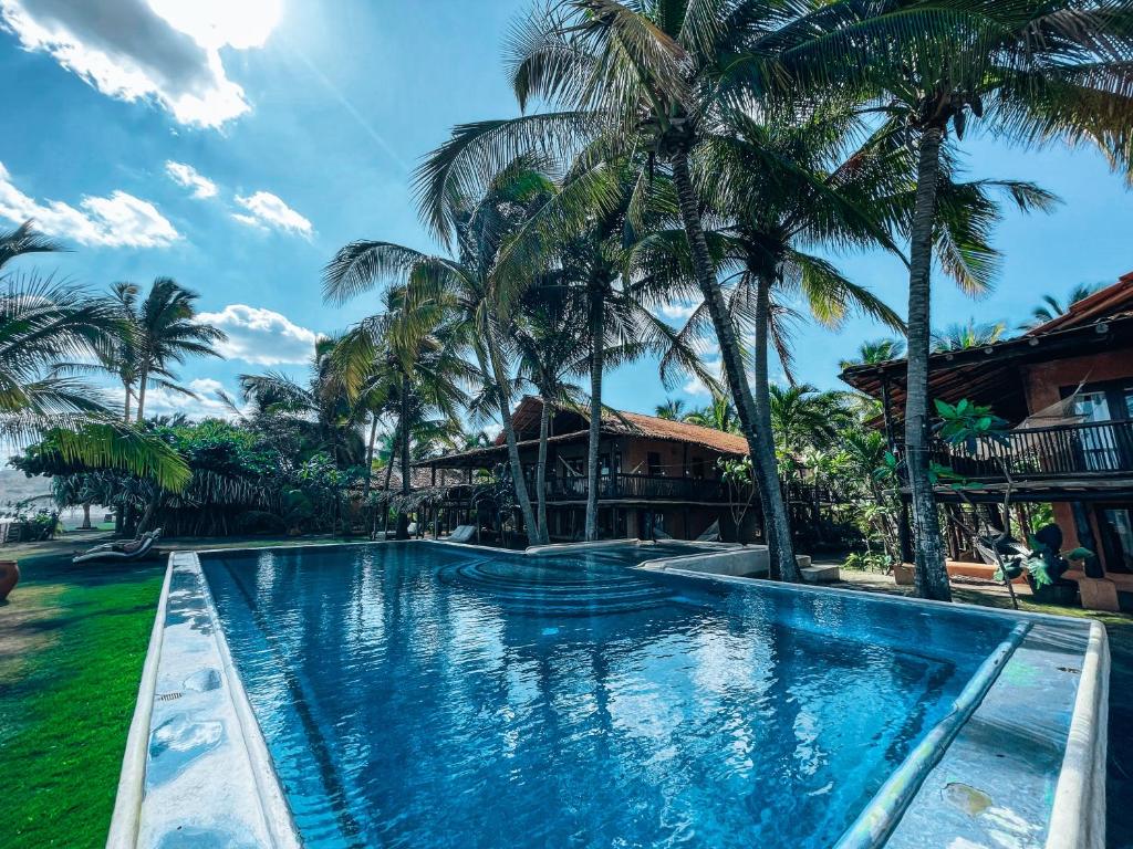 普拉纳维瑙El Sitio de Playa Venao的棕榈树度假村前的游泳池