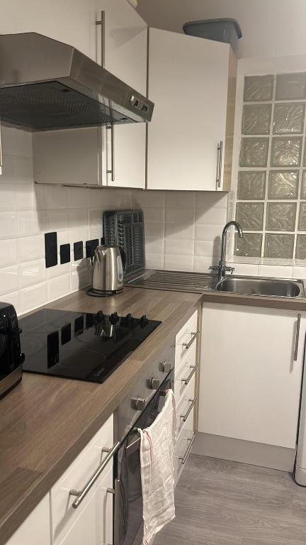 亨顿Flat 1的厨房配有白色橱柜和炉灶烤箱。