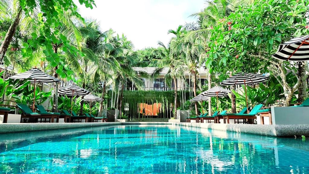 查龙Signature Phuket Resort的一个带椅子和遮阳伞的游泳池