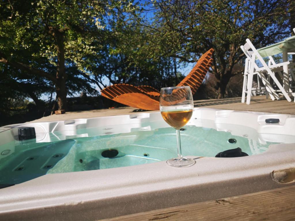 KlagstorpYogi Wellness Guesthouse的坐在热水浴缸旁的桌子上喝一杯葡萄酒