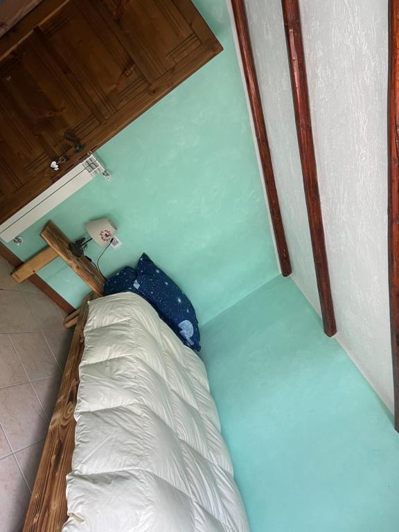 塞里纳Camera Singola con Terrazza Panoramica的小房间设有一张小床,拥有蓝色的墙壁