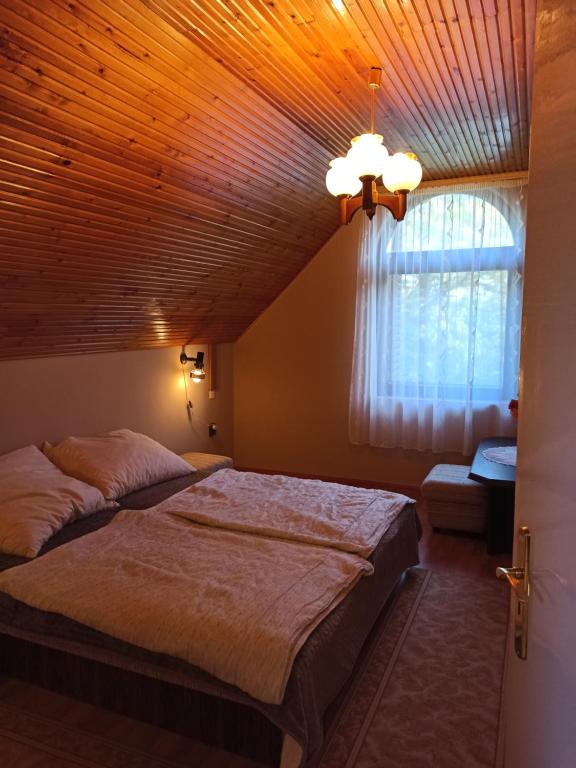 根尼斯迪亚斯Almavilla的一间卧室设有一张带木制天花板的大床