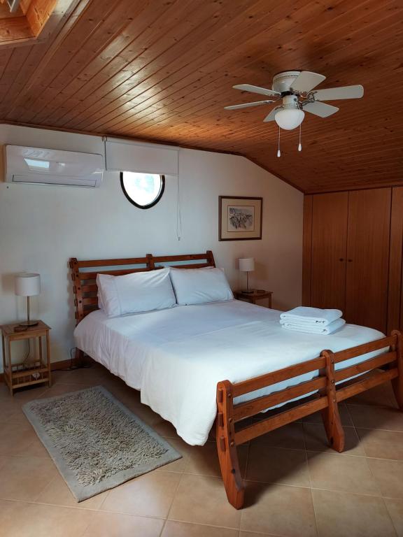 普拉泽里什Casa Vida Alegre的一间卧室配有一张大床和吊扇