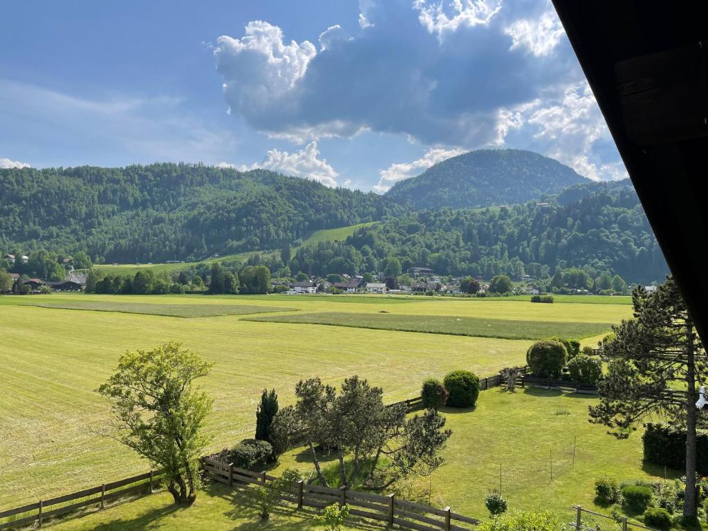 奥博奥多夫Oberaudorf-Kaiserblick的绿色的田野,有栅栏和山峰的背景