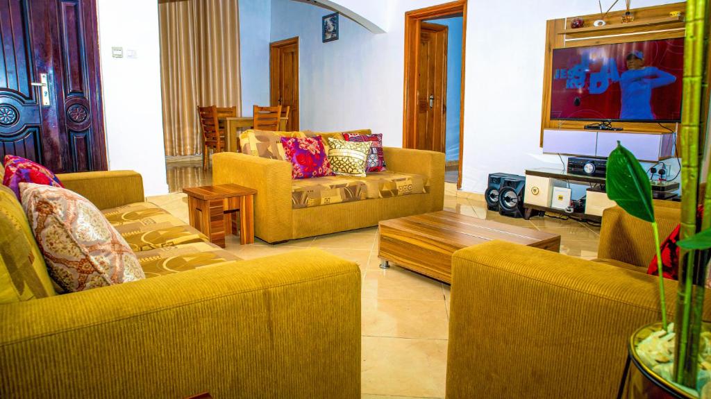 阿沙巴KUNN Apartments的带沙发和平面电视的客厅