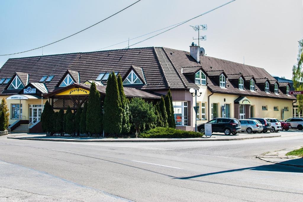 特伦钦常青树膳食公寓酒店的街上一座带棕色屋顶的大房子