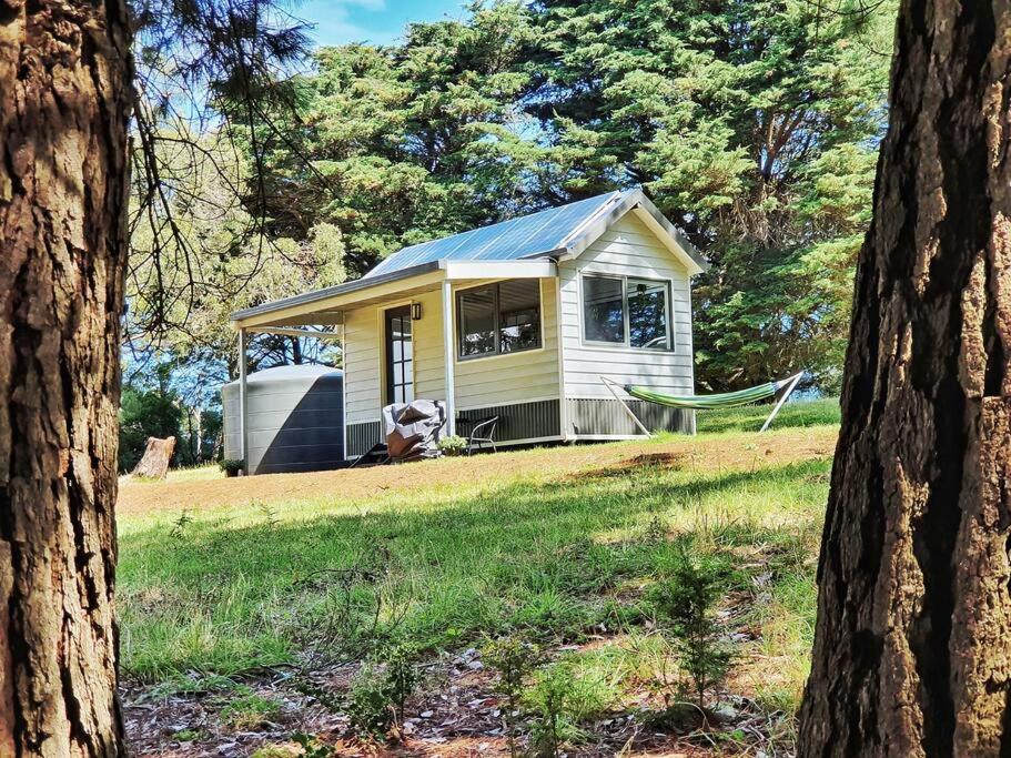 雷德山Mornington Peninsula Tiny House - Tiny Stays的田间中的一个黄色小房子