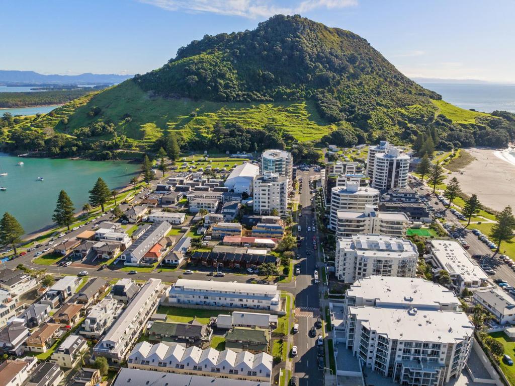 芒格努伊山The Iconic Kiwi Bach, Full Site Downtown Mount的城市的空中景观,背景是高山