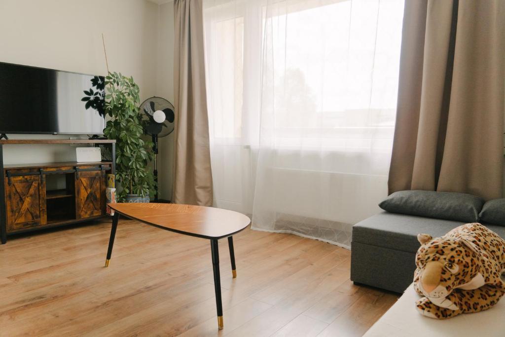 瓦尔米耶拉Warm & Cozy Apartment with balcony in Valmiera的客厅配有桌子和沙发