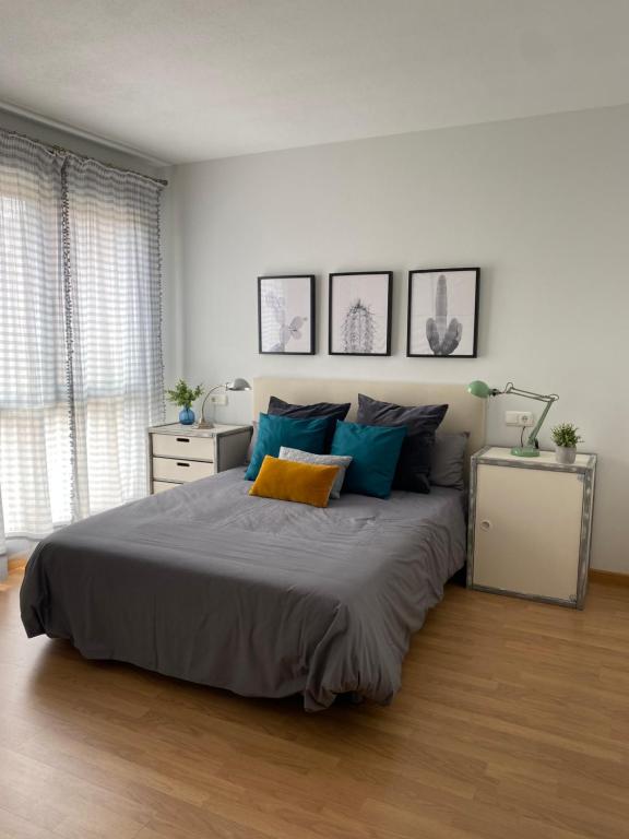 奥利特Habitación en casa de Mikel的一间卧室配有一张带蓝色和黄色枕头的大床