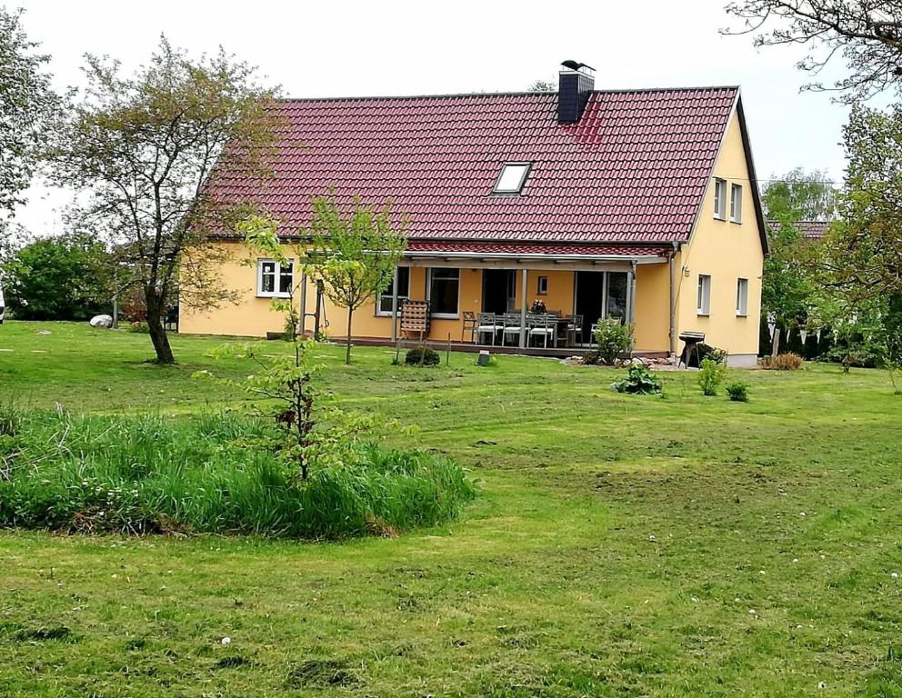 Ostseenahes Ferienhaus mit 3 Schlafzimmern und großem Naturgarten的田野上红色屋顶的黄色房子