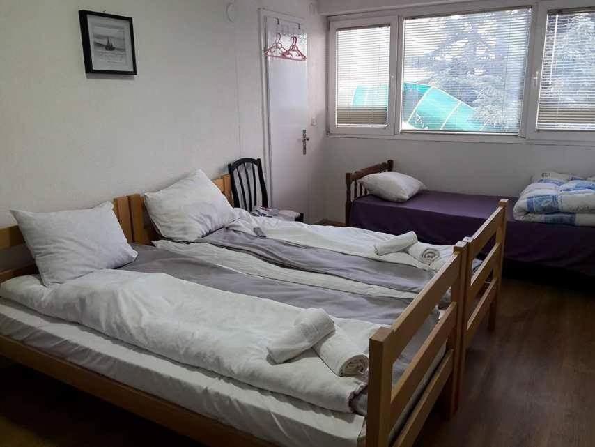 奥赫里德Hostel Bela的带2扇窗户的客房内的2张单人床