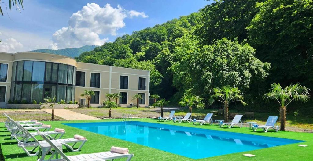 克瓦雷利Tilia Kvareli Resort的一个带游泳池和躺椅的度假胜地
