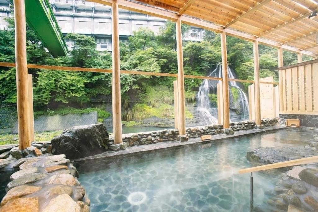 那须盐原市Ooedo Onsen Monogatari Hotel New Shiobara的一个带瀑布的游泳池和一个水上公园