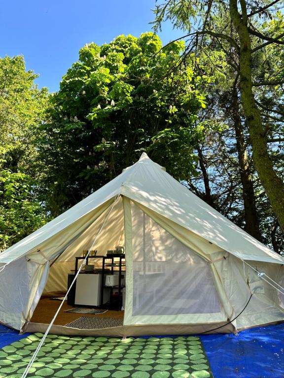 LincolnshireRosaBell Bell Tent at Herigerbi Park的绿色屋顶上的一个白色帐篷