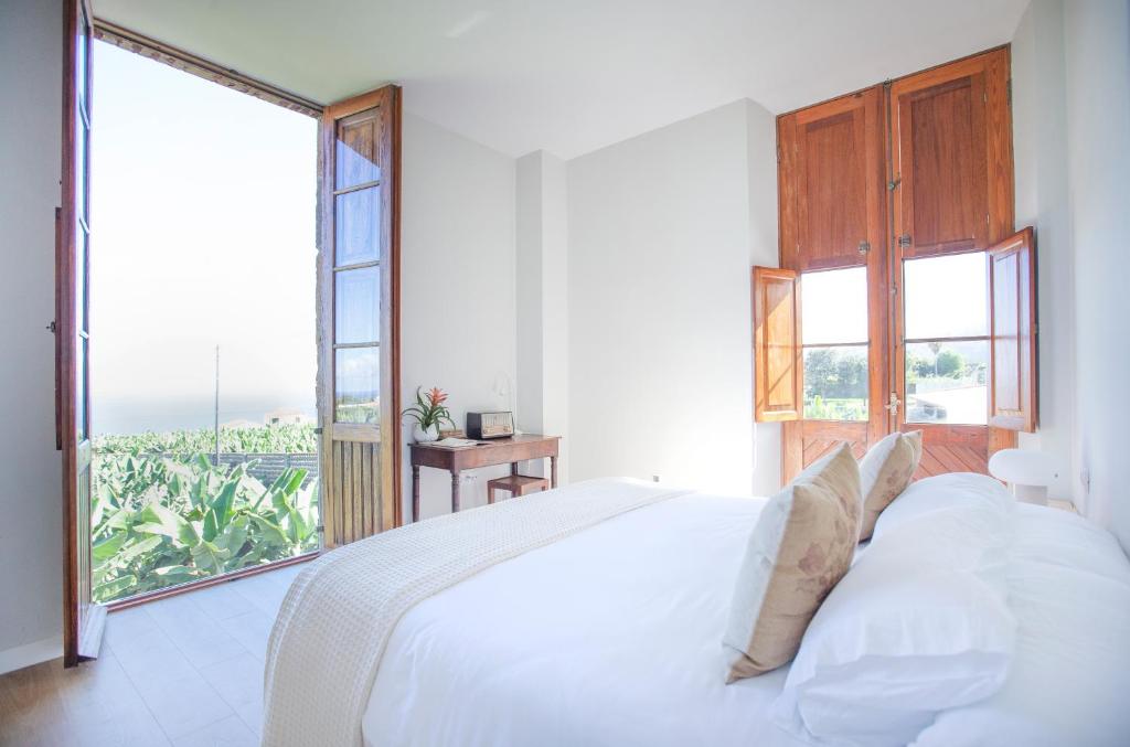 拉克鲁斯Hacienda Los Orovales的卧室配有白色的床和大窗户