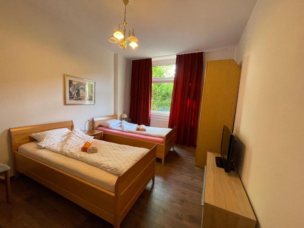 盖尔森基兴Gelsenkirchen Am Flöz的一间卧室设有两张床、一台电视和一扇窗户。