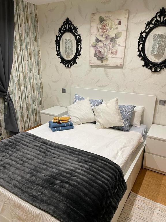 巴塞罗那Cozy Flat的一间卧室配有一张大床和两面镜子