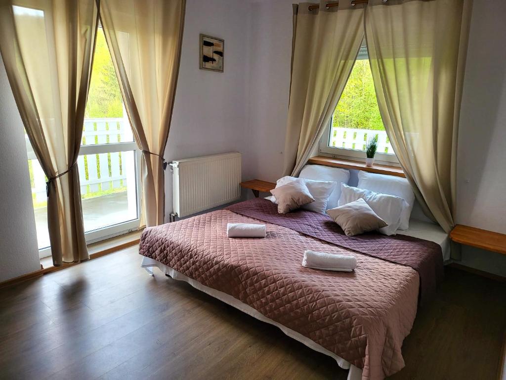 波洛维切Górskie Zacisze的一间卧室配有一张带两个枕头的床