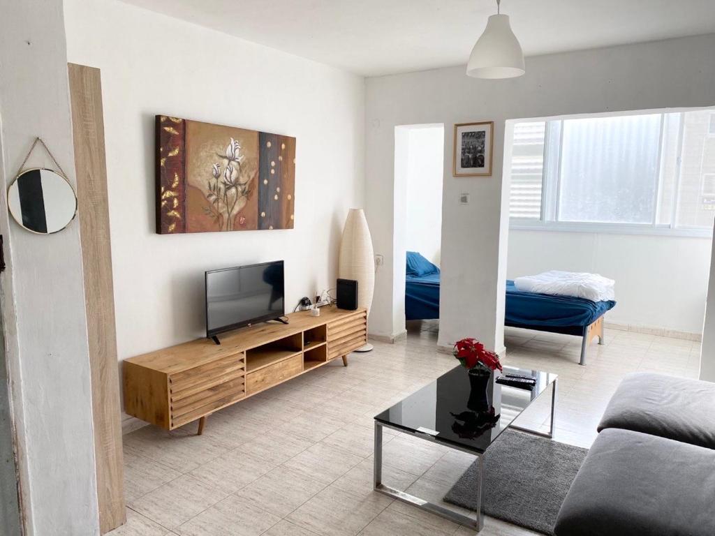 Qiryat H̱ayyimПрекрасная квартира на берегу Средиземного моря的一间带电视和沙发的客厅