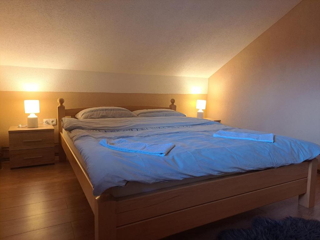 Kotor-VarošApartman Avram的一间卧室配有一张大床,提供蓝色的床单和枕头
