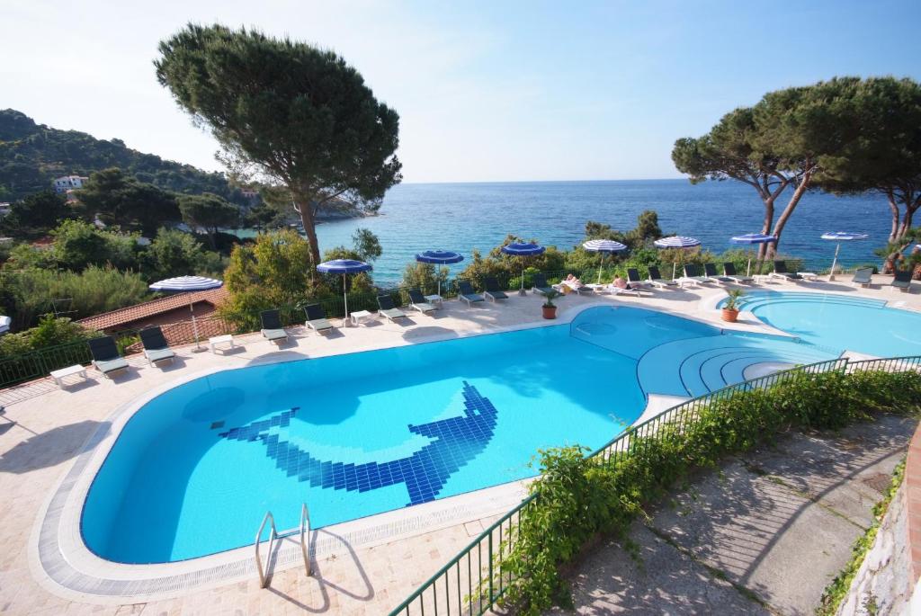 圣安德烈亚Hotel da Giacomino的一座背景海洋的游泳池