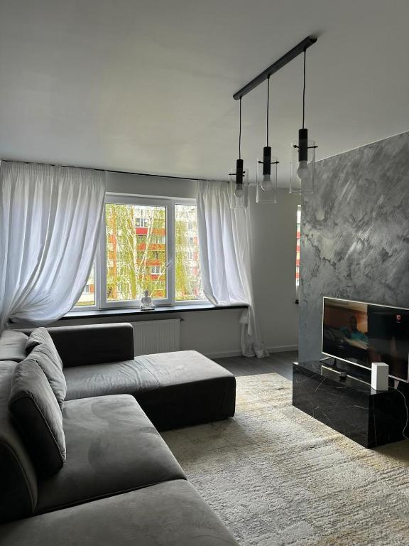 叶卡布皮尔斯Hugo的带沙发和壁炉的客厅
