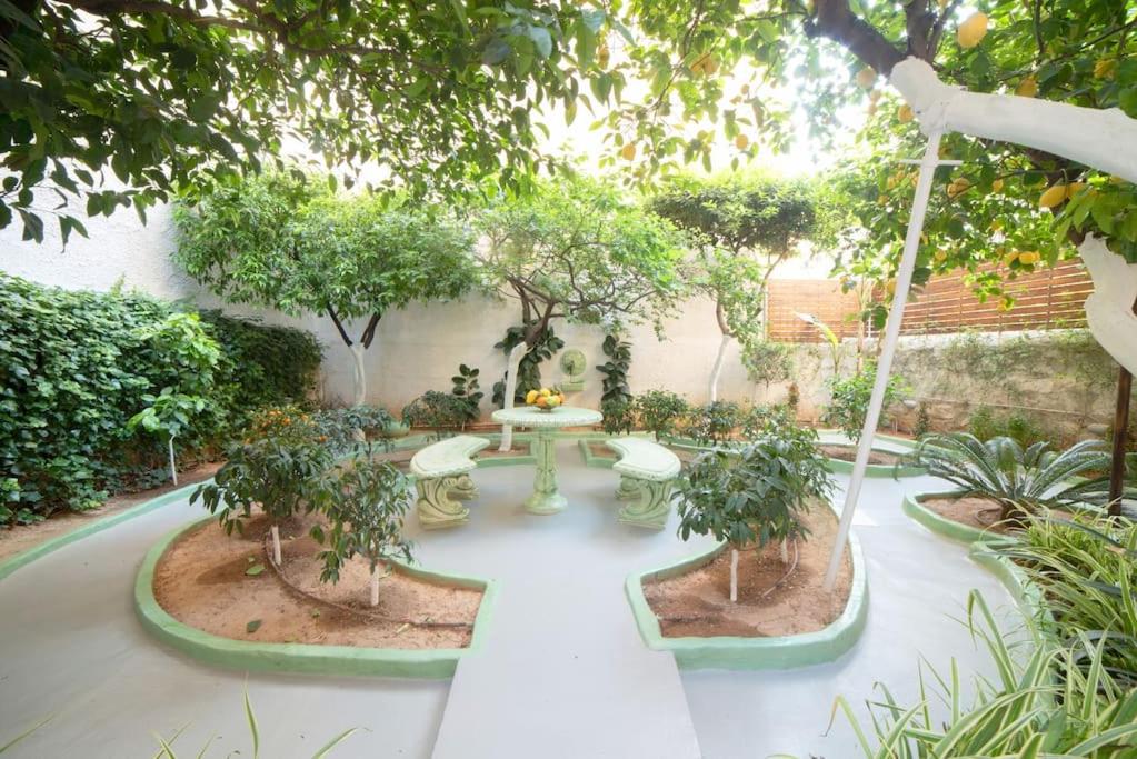 雅典LUXURY AND COMFORTABLE VILLA的花园内种有桌子和树木