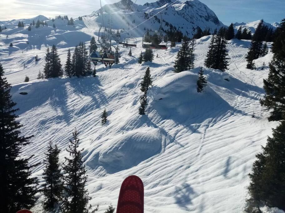 阿雷什L'appartement LES BOSSONS en lisière de forêt dans le chalet Génépi的站在雪覆盖的滑雪场上的人