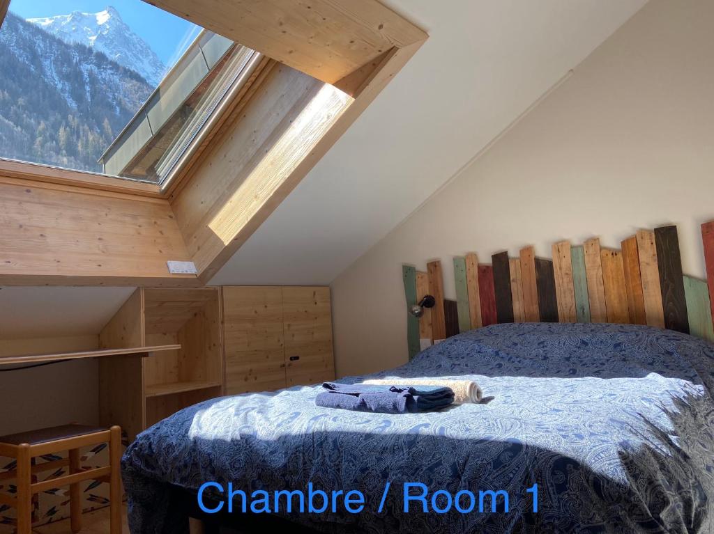 夏蒙尼-勃朗峰Le Petit Cham的一间卧室设有一张床和一个享有山景的窗户。