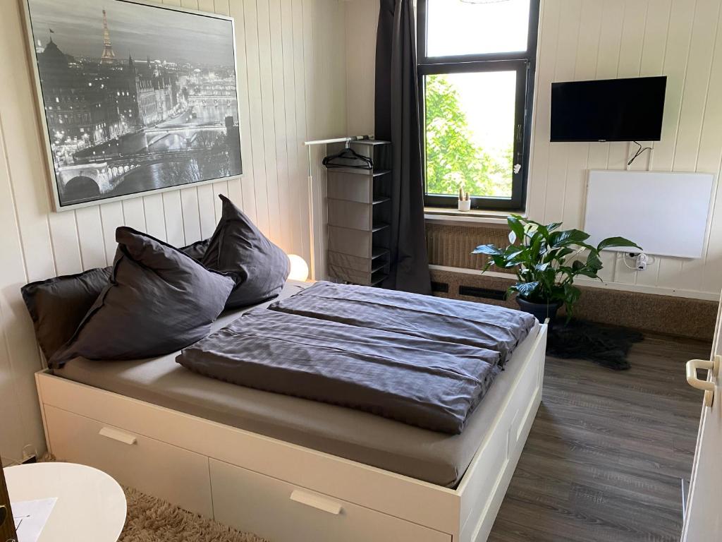 肯彭Cosy Studio in Kempen的一间带一张床的卧室,位于带电视的客房内