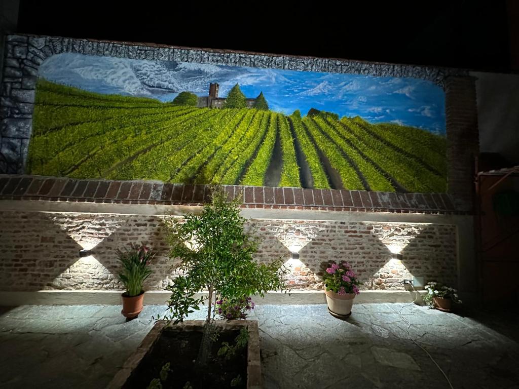 卡萨莱蒙费拉托Residenza Nikol的葡萄园壁画,墙上有盆栽植物
