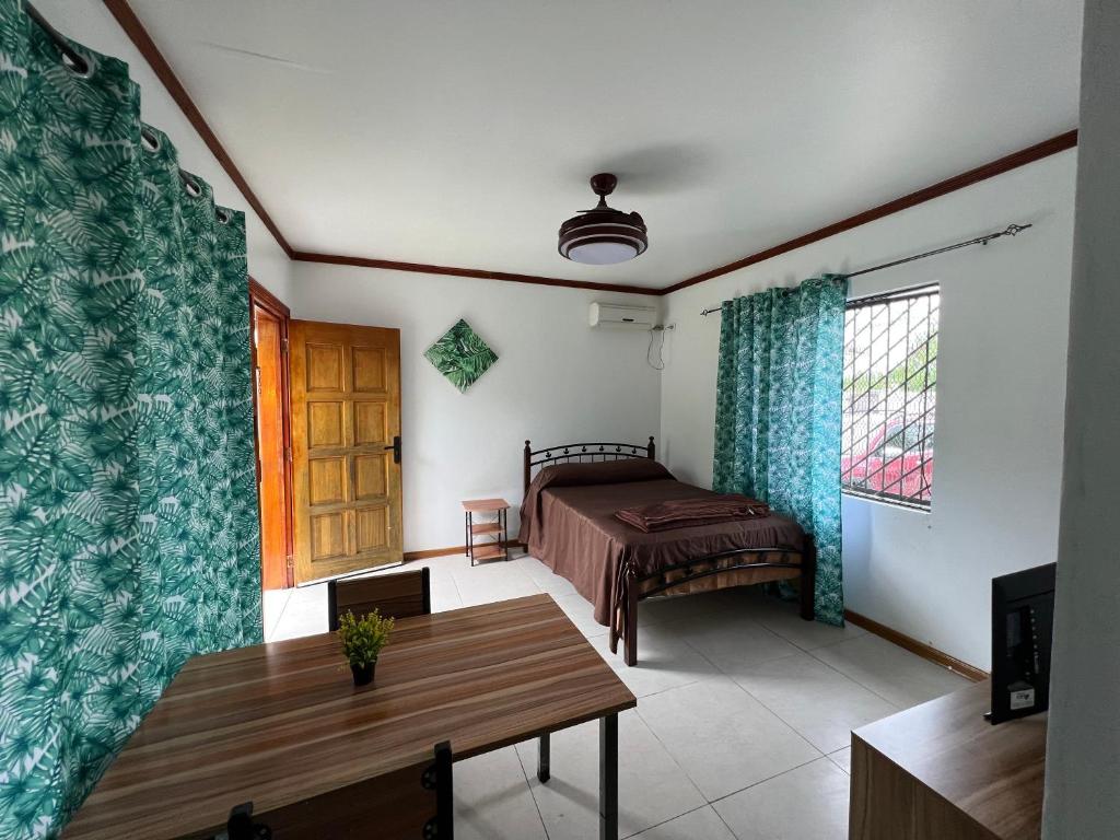 南迪Pasifika Guesthouse的卧室配有一张床和一张桌子