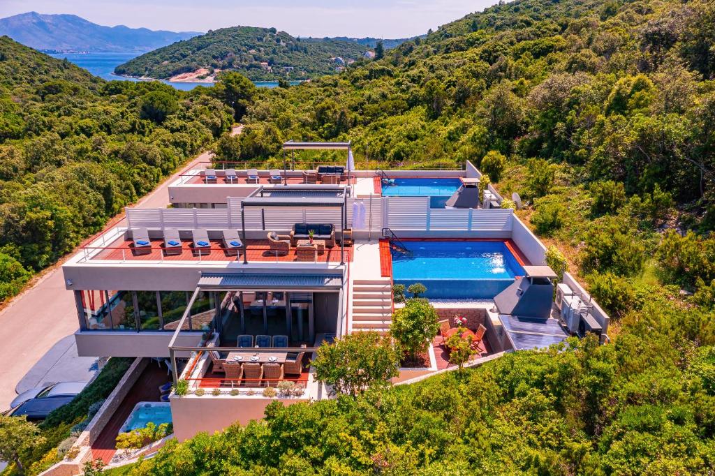科尔丘拉Villa Soul Sisters的享有带游泳池的房屋的空中景致