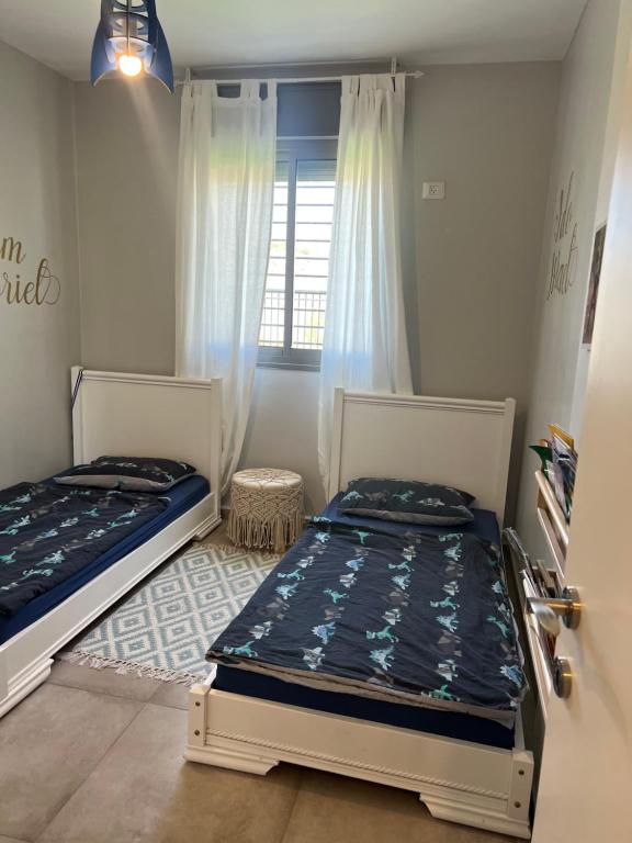 贝特谢梅什דירת גן מהממת בבית שמש的带窗户的客房内设有两张单人床。