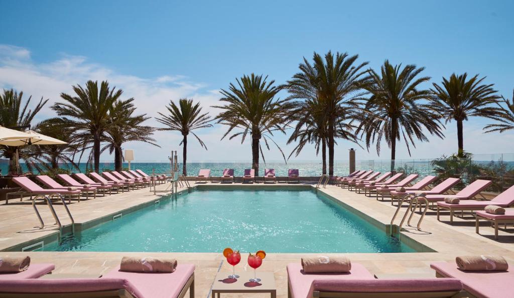 帕尔马海滩加伦达纯盐酒店 - 仅限成人的一个带椅子的游泳池,棕榈树