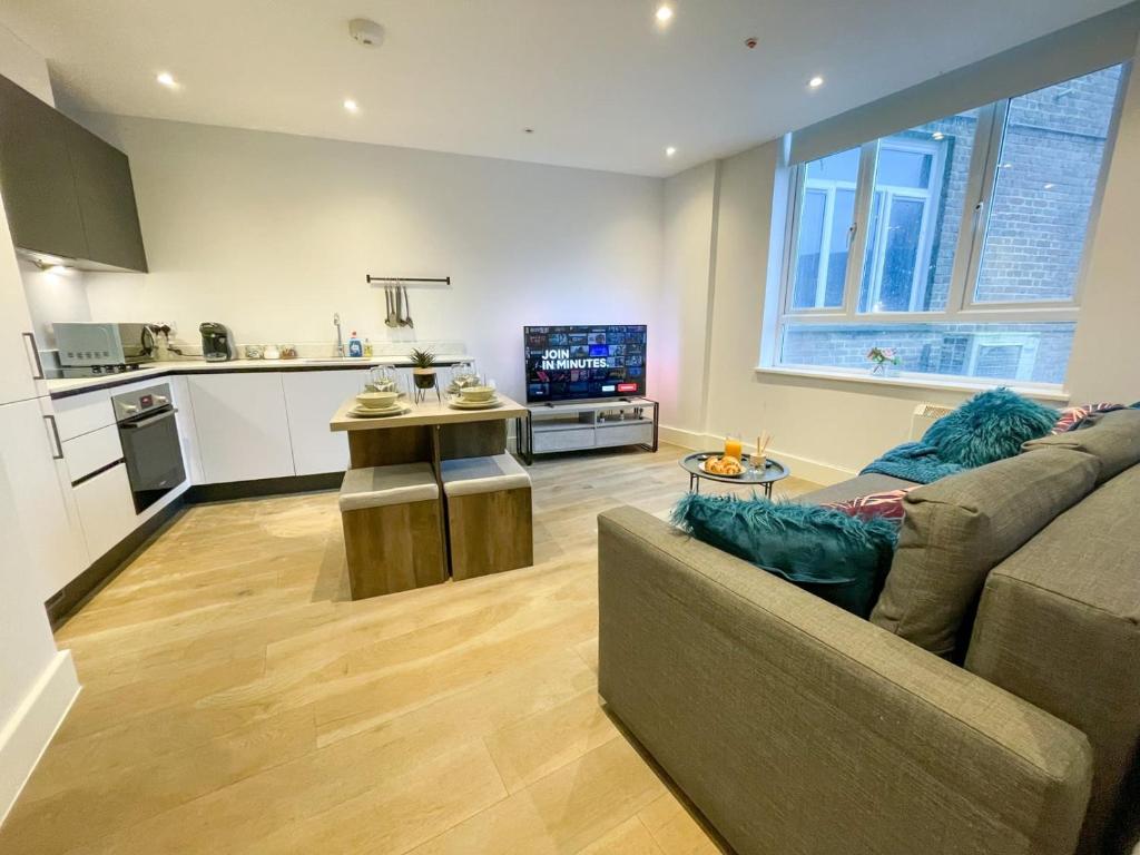 切姆Brand New Apartment in the Heart of Chelmsford的带沙发的客厅和厨房