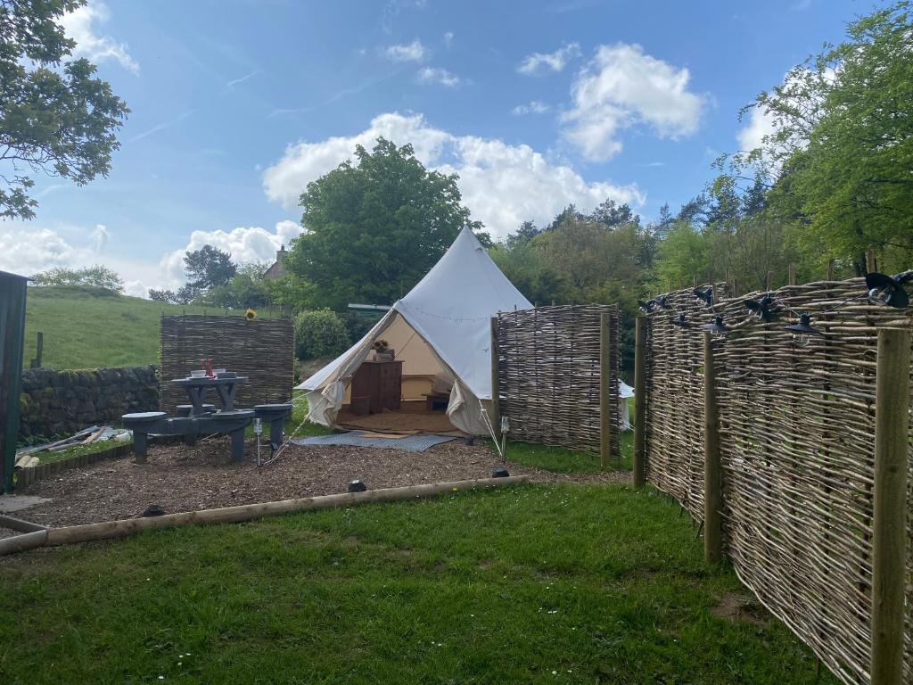 Upper HulmeBluebell bell tent The Roaches的院子里的白色帐篷,带栅栏