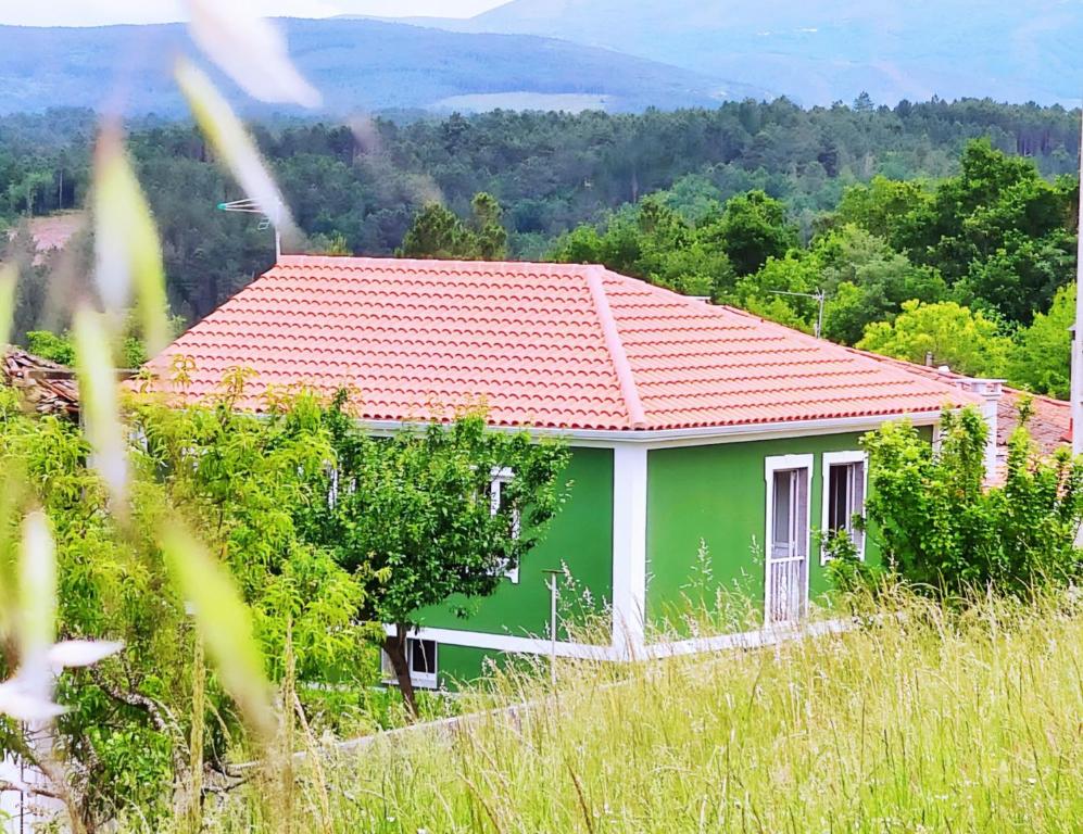 潘通Casa de Ribeira Sacra con calefacción的山坡上一座带红色屋顶的绿色房子