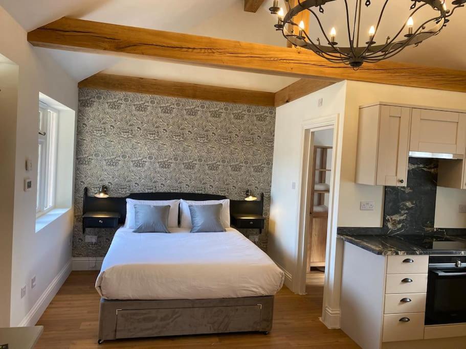 欧卡里Luxury Self Catering Studio with vaulted ceiling的一间带一张床的卧室和一间带吊灯的厨房